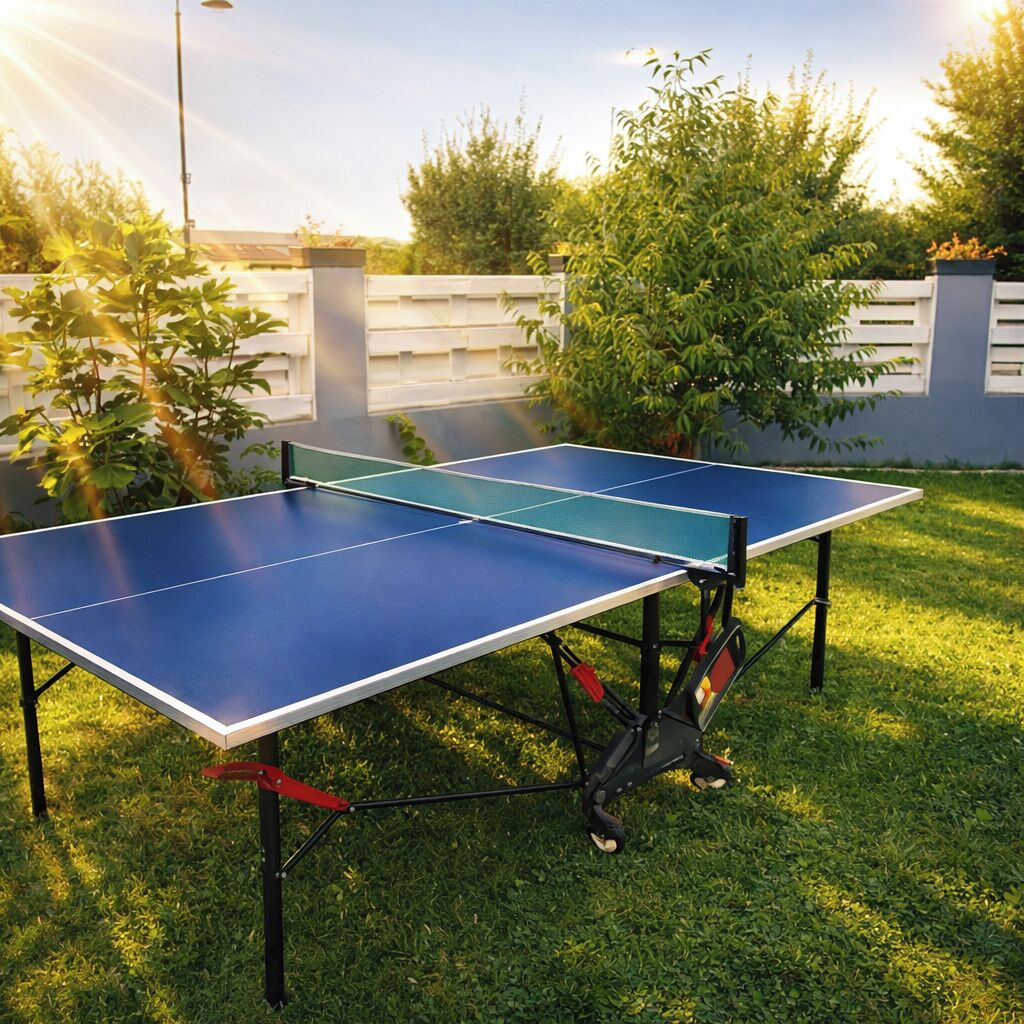 Una mesa de ping pong montada al aire libre, con una valla blanca y follaje en el fondo.