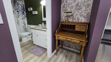 Hair dryer, towels, soap, shampoo