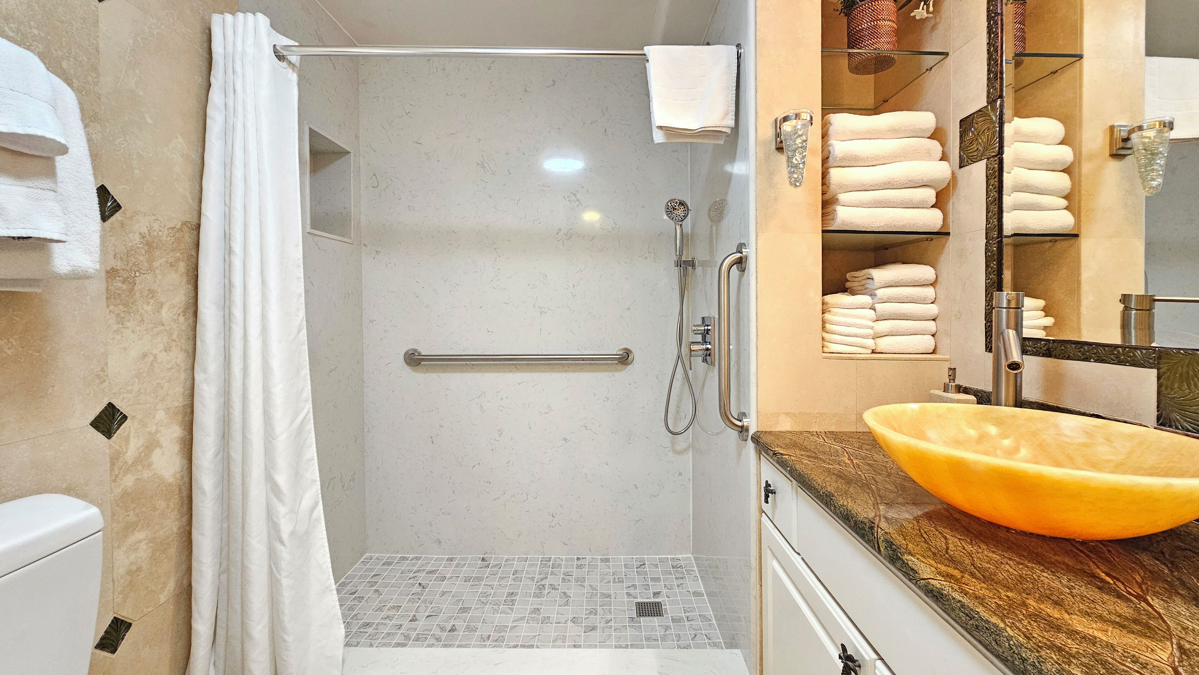 Hair dryer, towels, soap, shampoo