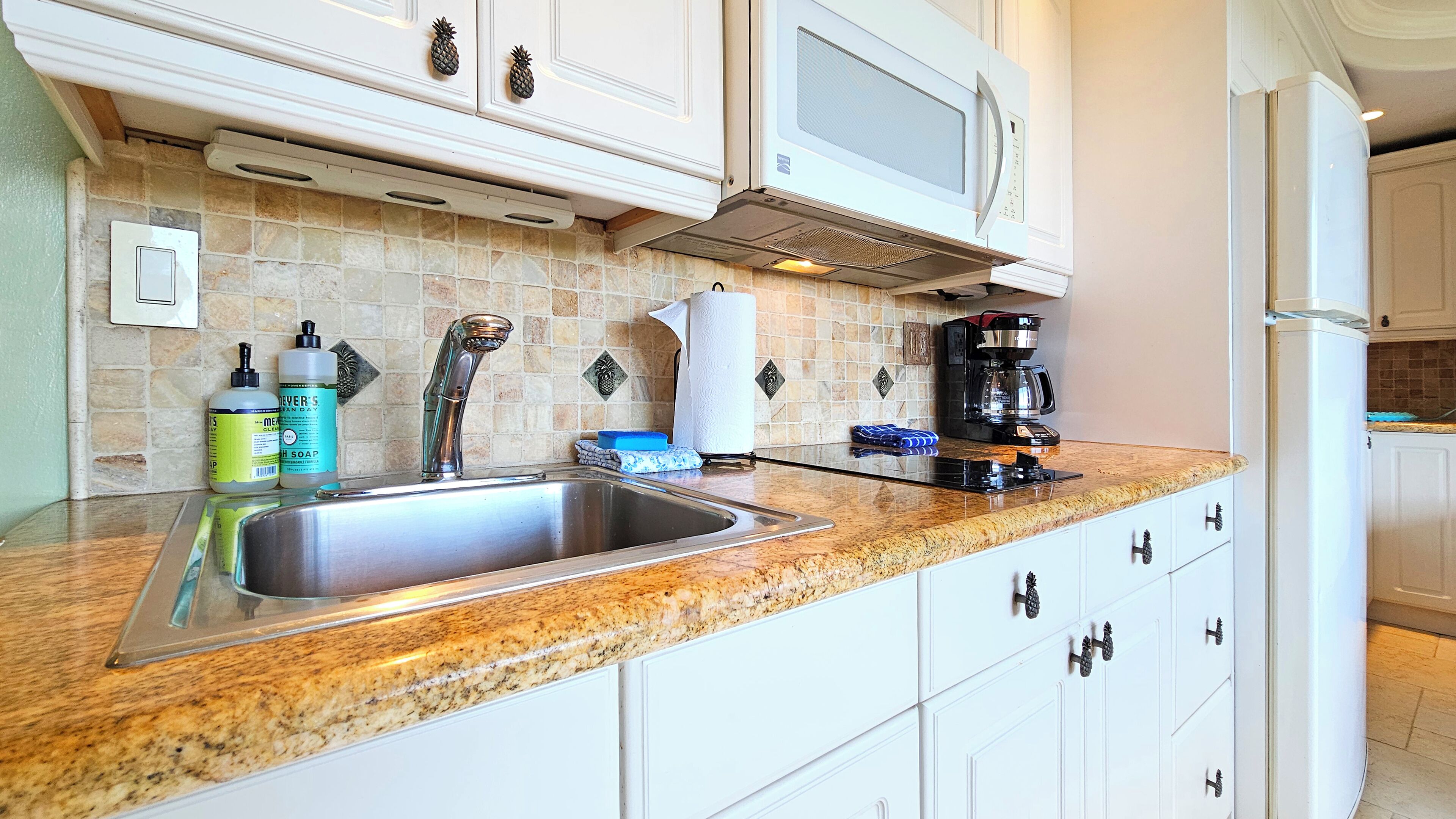 Fridge, microwave, stovetop, coffee/tea maker