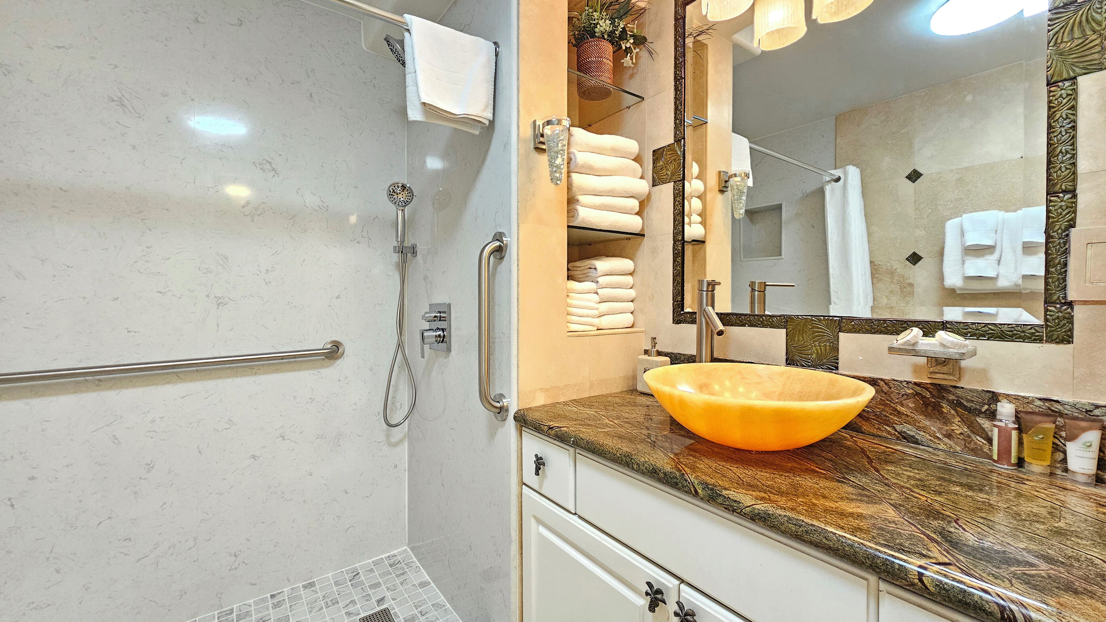 Hair dryer, towels, soap, shampoo