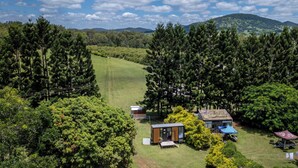 A remote cabin with a small deck and a covered outdoor area, surrounded by dense forest and a clear view of the hills in the distance. - Tiny Sublime by Tiny Away (Kia Ora)