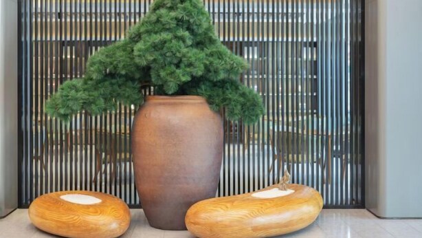 A potted plant, a wooden sculpture, and a large vase in a modern interior space. - JI Hotel (Fuzhou Yantaishan Park Shangsan Road) (Fuzhou)