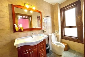 Une salle de bain avec un lavabo, un miroir et des toilettes.