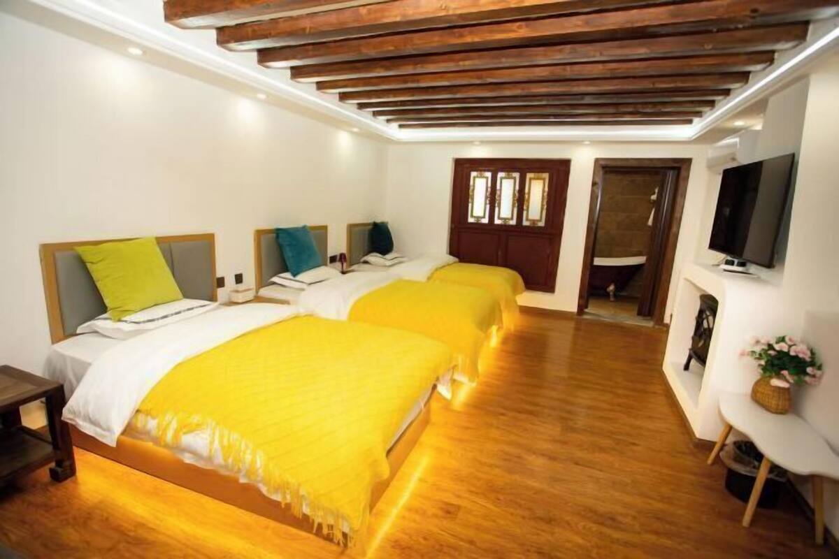 A hotel room with two beds, wooden ceiling beams, a TV, and a small table with a plant.