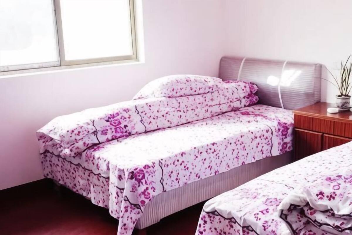 Une chambre avec deux lits, une table de chevet, une plante en pot et une fenêtre.