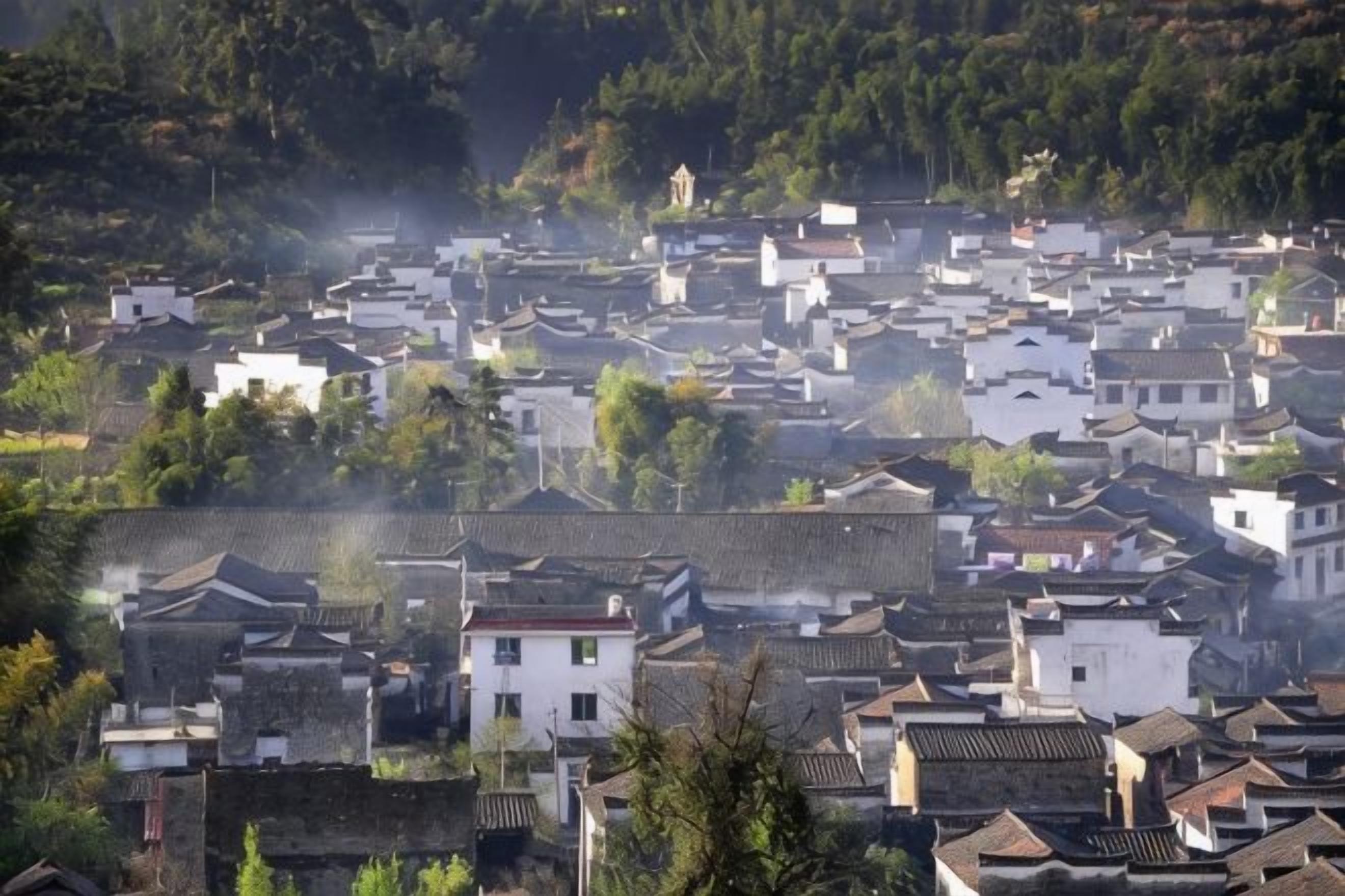 A densely packed village with traditional architecture, surrounded by greenery.