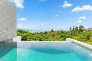 Una piscina infinita con vistas despejadas al océano y un paisaje montañoso.