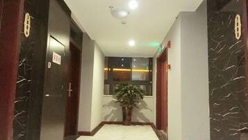 Un pasillo de hotel con suelo de mármol, puertas de madera y una planta en maceta.
