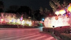 A nighttime outdoor area with illuminated plants and a large rock with Chinese characters. - Haihao Business Hotel (Chongqing)