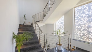Un escalier moderne avec des rampes en métal, des plantes en pot et une grande fenêtre ornée d’un motif en treillis.