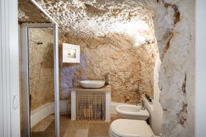 Een douche, een haardroger, een bidet, handdoeken