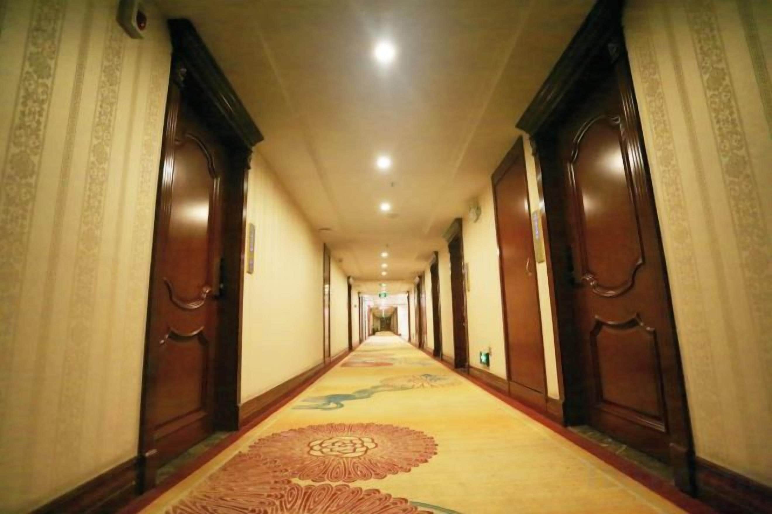 A long hallway with wooden doors and a carpeted floor.