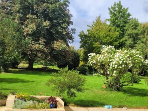 Stroll through the serene garden, surrounded by lush trees and vibrant flowers.