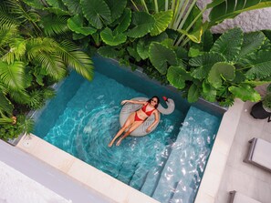 Une piscine à l’eau claire, entourée d’une végétation luxuriante.