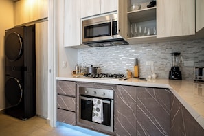Fridge, microwave, oven, stovetop