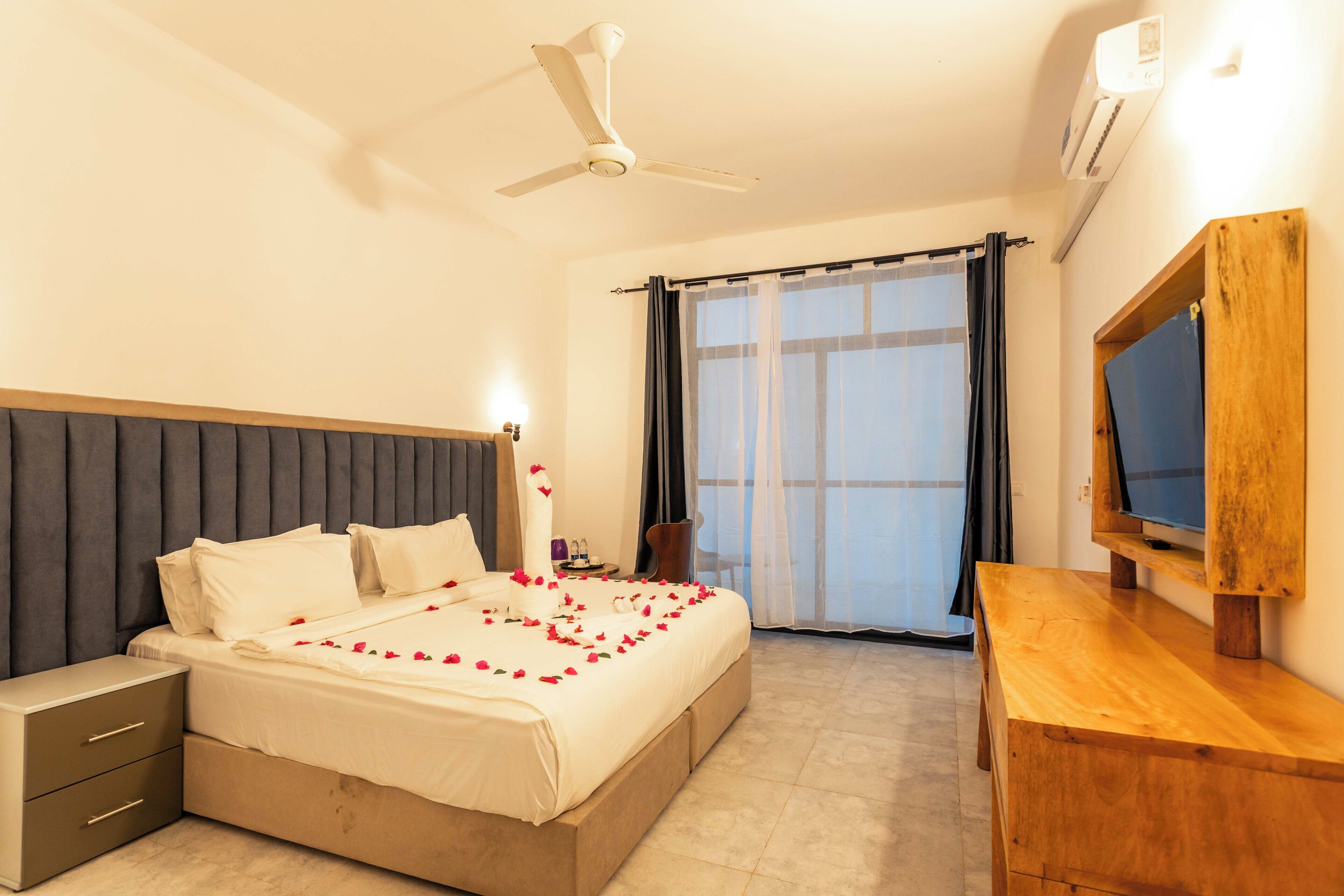Une chambre à coucher avec un lit, une table de chevet, une télévision et un ventilateur de plafond.