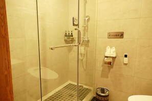 Une cabine de douche fermée par des parois en verre, équipée d’une barre d’appui, de toilettes et d’une poubelle.