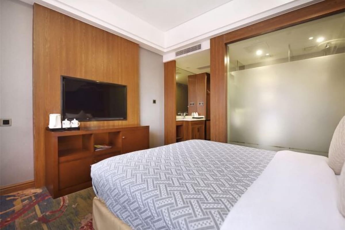 A hotel room with a bed, a TV, a wooden wardrobe, a bathroom mirror, and a shower area.