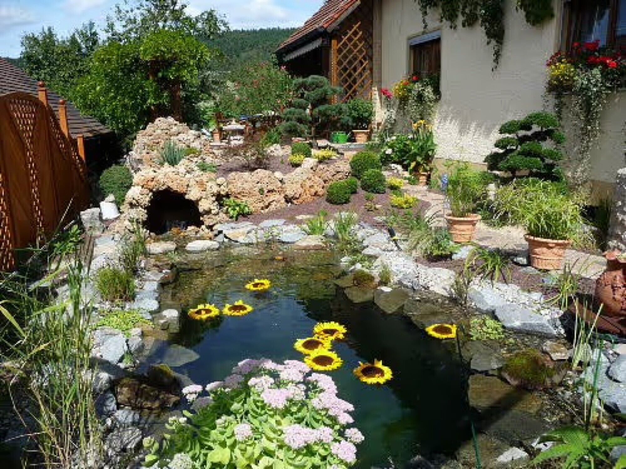 A garden with a pond, rocks, and potted plants.