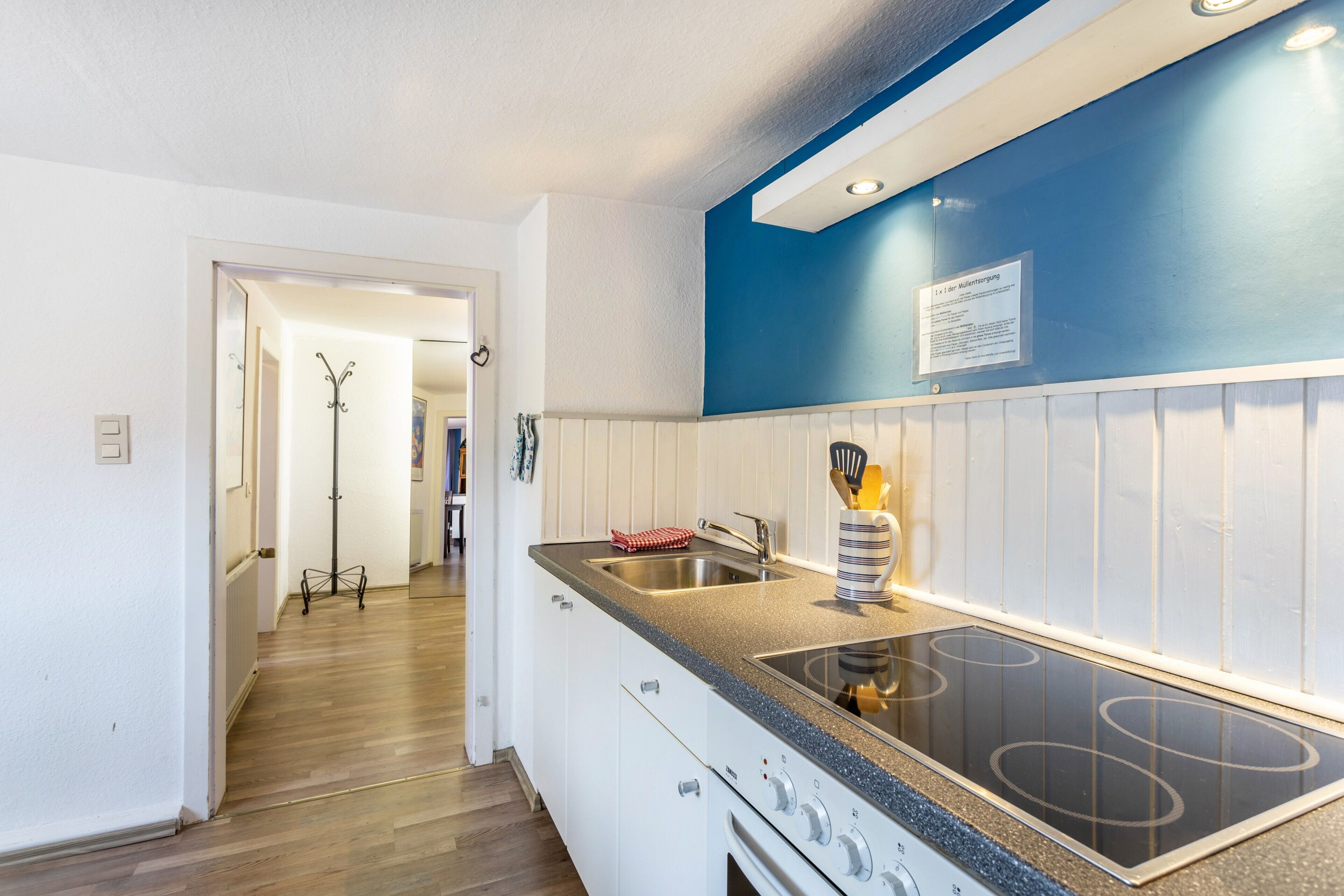 Eine moderne Küche mit Einbauherd, Spüle und einer blauen Akzentwand.