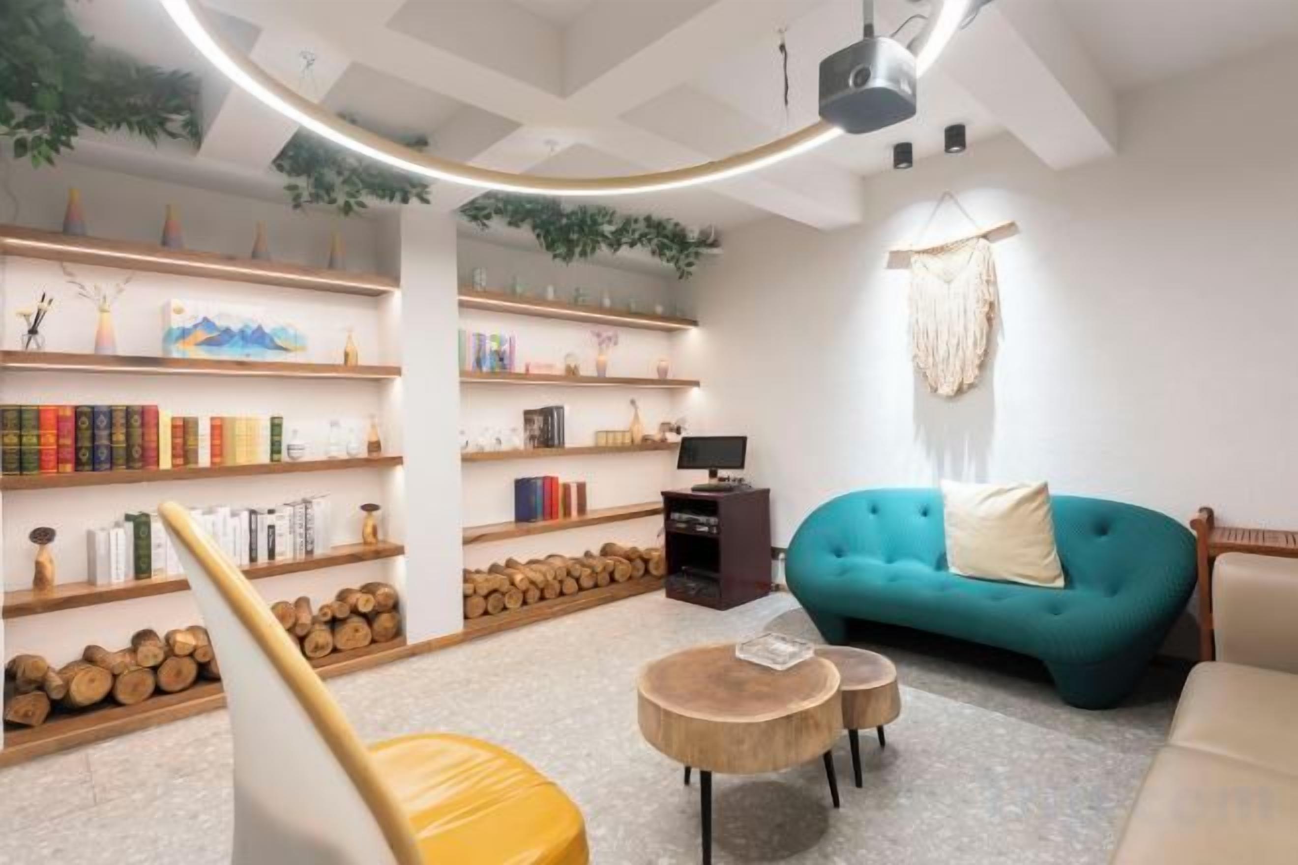 A modern living room with bookshelves, a sofa, and a television.