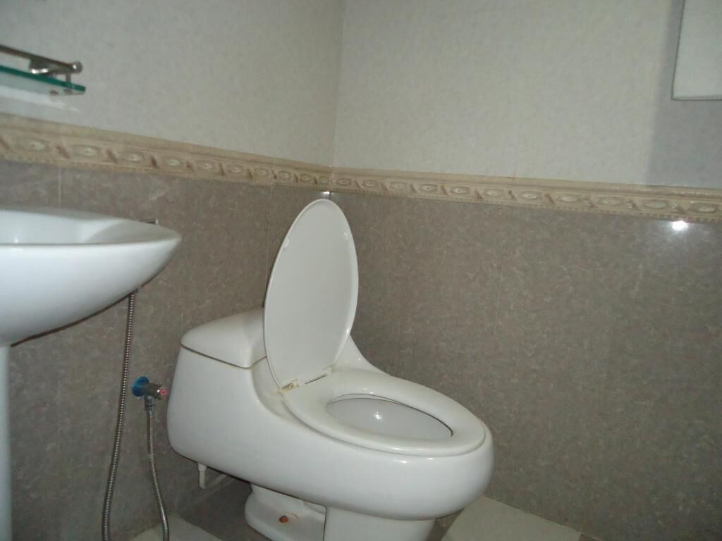 A bathroom with a toilet and a sink.