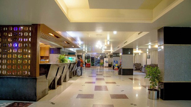 Un hall d'hôtel comprenant un comptoir d'accueil, un espace salon et une plante.