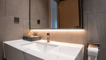Un baño moderno con un lavamanos blanco grande, un espejo y un dispensador de papel higiénico.