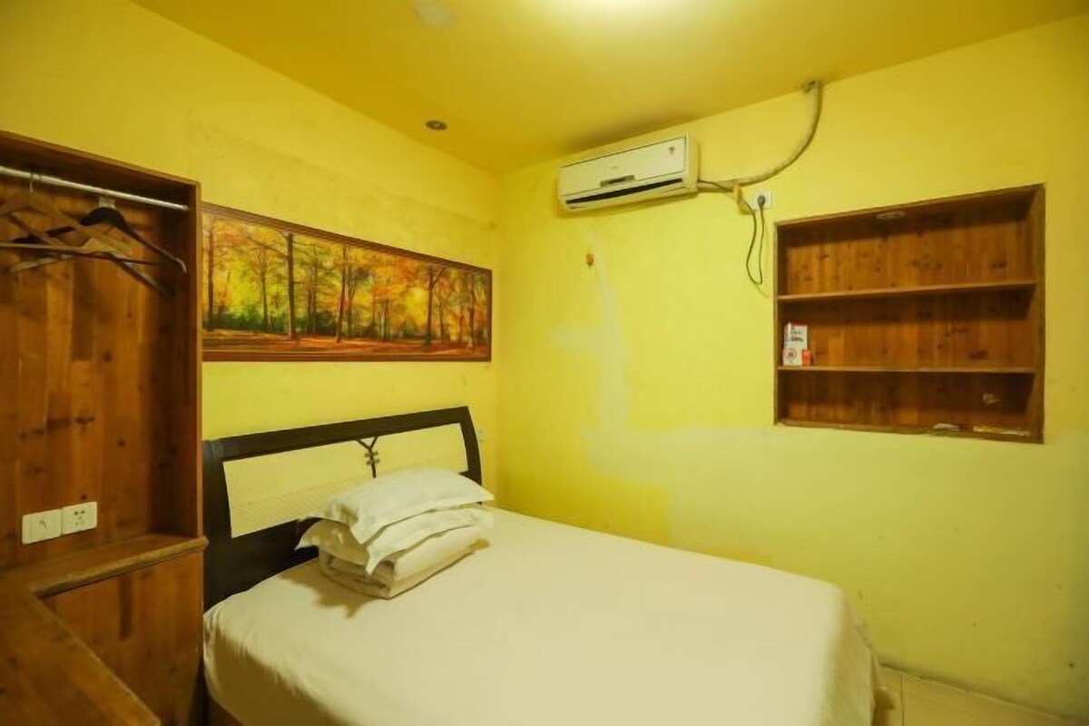 A room with a bed, an air conditioning unit, a painting, and a wooden shelf.