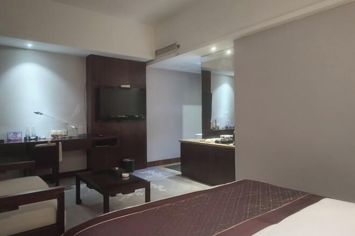 Een hotelkamer met een bed, een bureau, een stoel, een bijzettafeltje, een spiegel en een televisie.