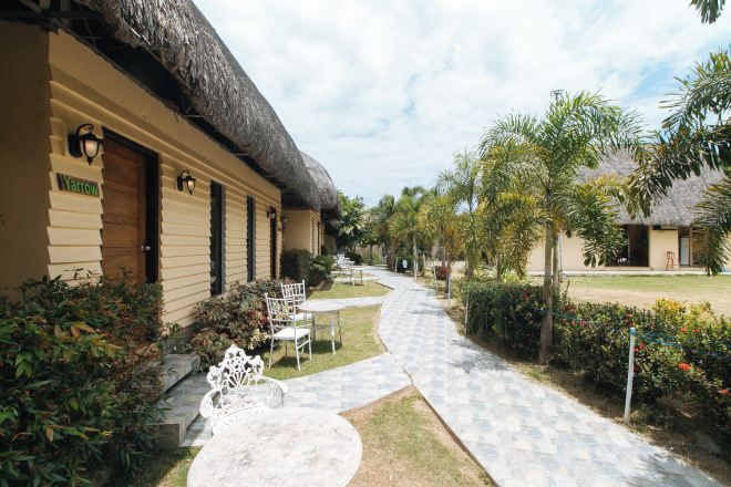 A pathway leading to a building with a thatched roof, surrounded by greenery and palm trees.