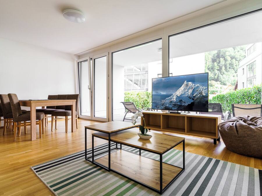 Comfort Apartment | Living area | 55-inch flat-screen TV with cable channels, Netflix, heated floors