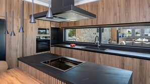 Een moderne keuken met een ingebouwde kookplaat, een groot raam en houten lambrisering.