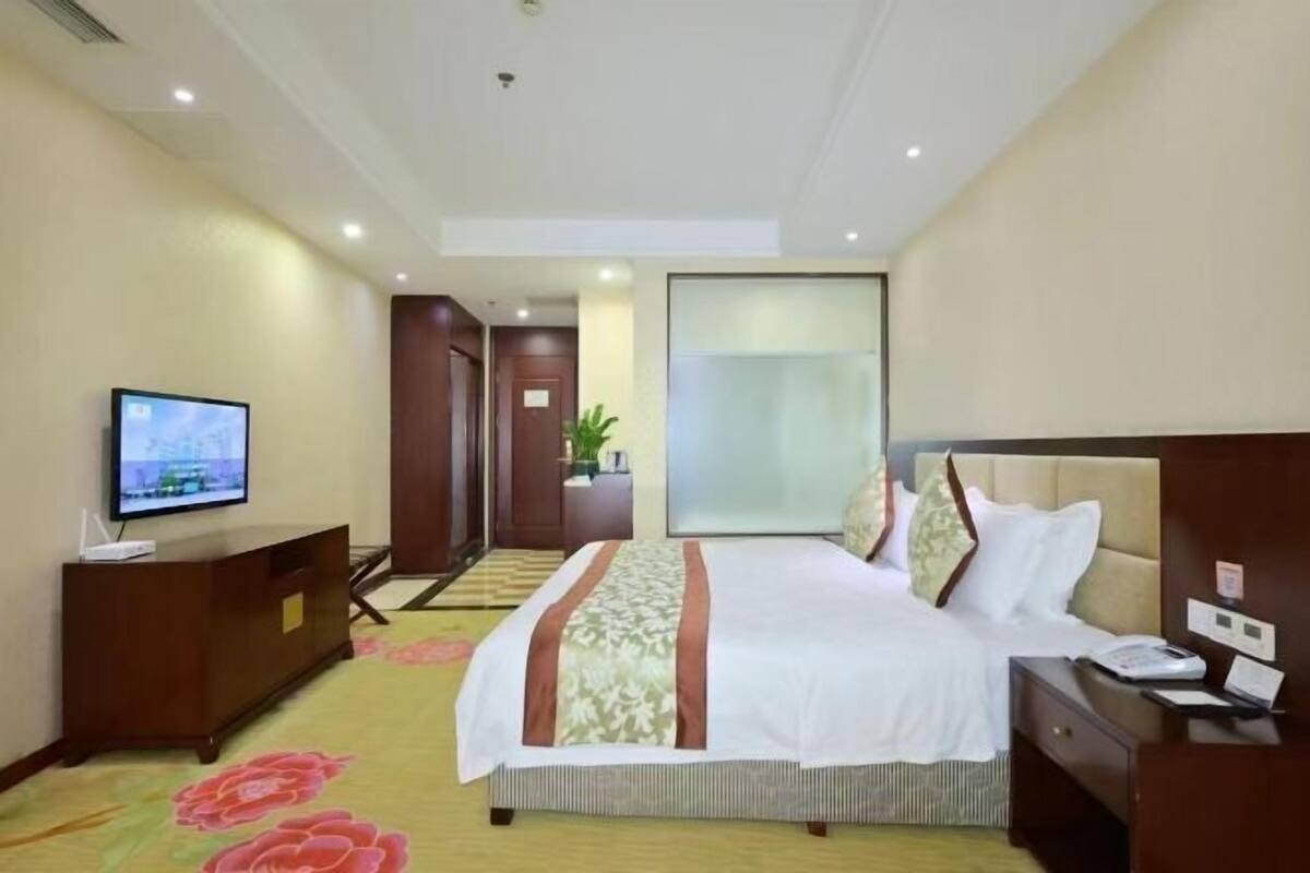 A hotel room with a bed, a TV, a desk, and a plant.