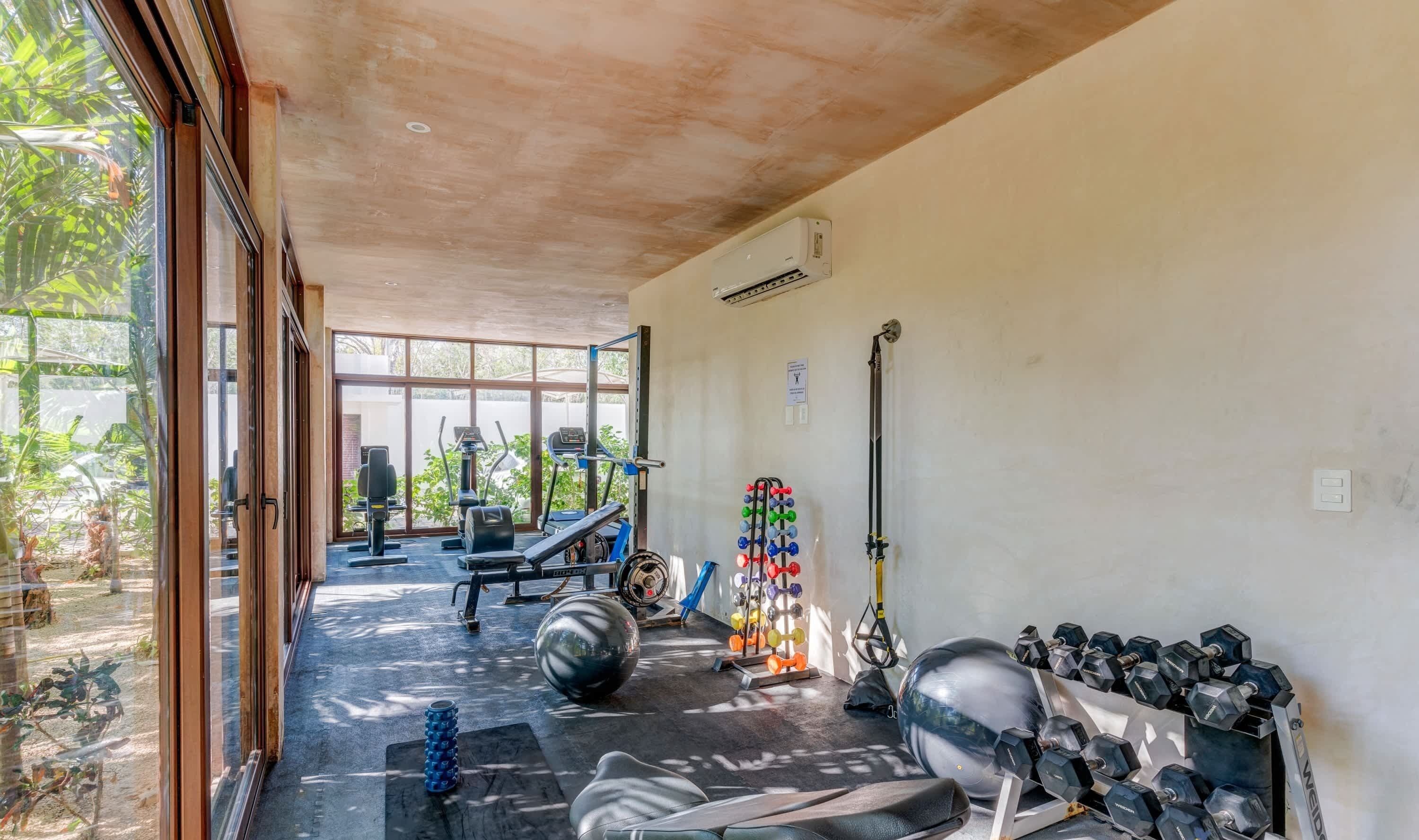 Una palestra con attrezzature per l'allenamento, un portarattori per manubri e un'ampia finestra.