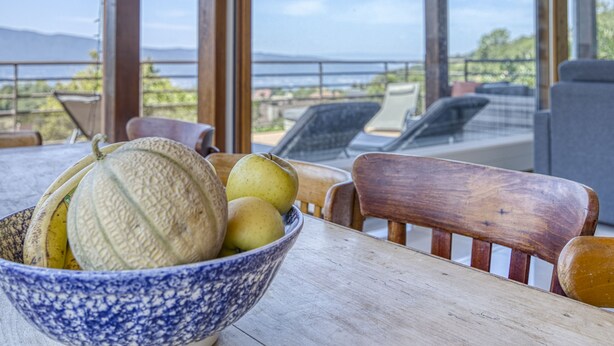 A wooden table with a bowl of fruit and a view of the outdoors through large windows.