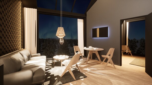 Een moderne woonkamer met een bank, eettafel, stoelen en een groot raam met uitzicht op bomen.