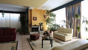 A living room with a fireplace, sofas, and potted plants. - Hotel Cocoon (Pescasseroli)