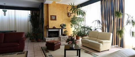 Una sala de estar con chimenea, sofás y plantas en macetas.