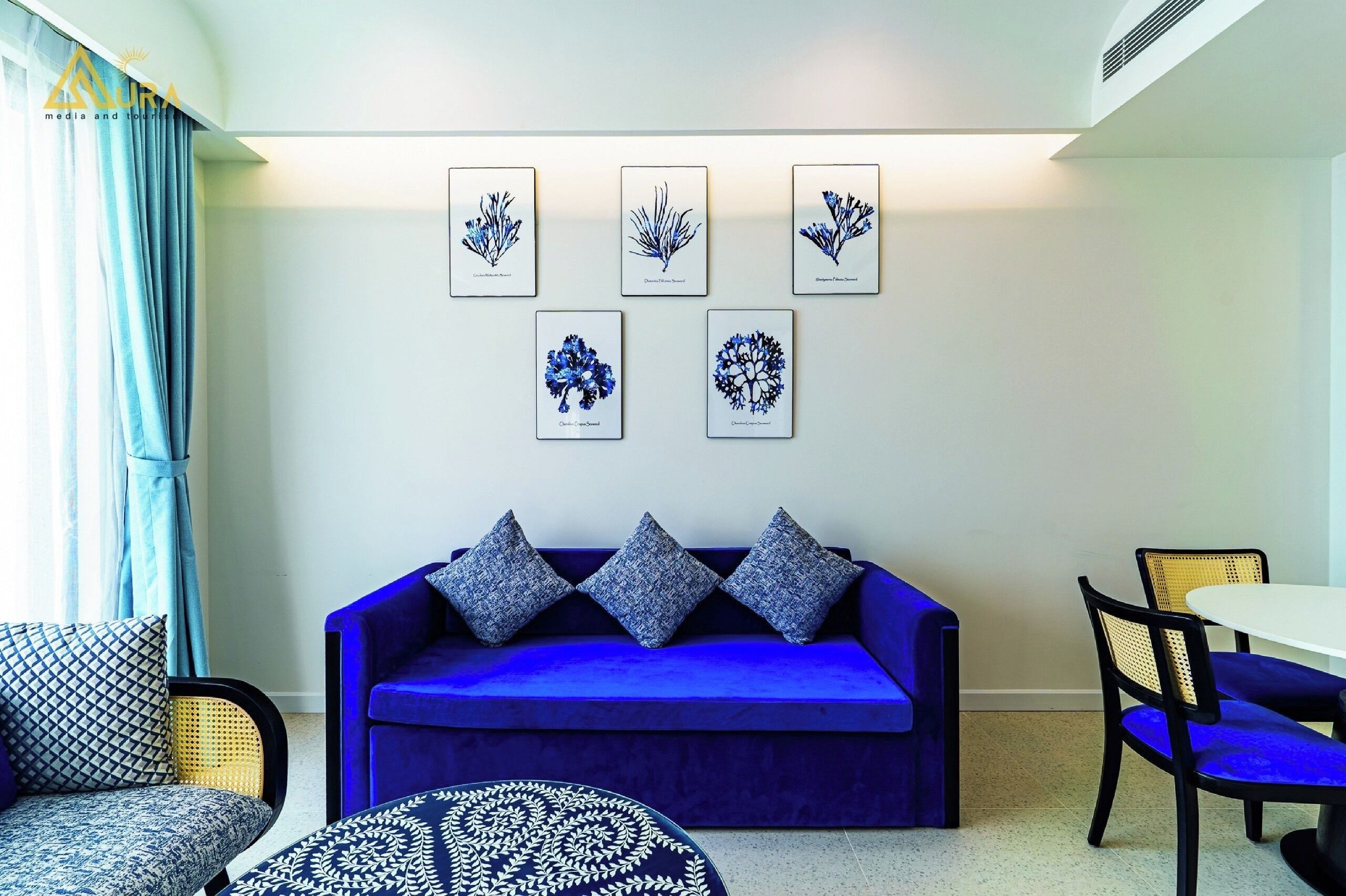 A room with a blue sofa, a round coffee table, and a white dining table. There are framed botanical prints on the wall and a window with blue curtains.