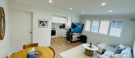 TV connectée, cheminée, lecteur de DVD, livres