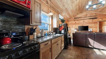 Comfort Cabin, Patio, Mountain View | Private kitchen | Fridge, microwave, oven, stovetop