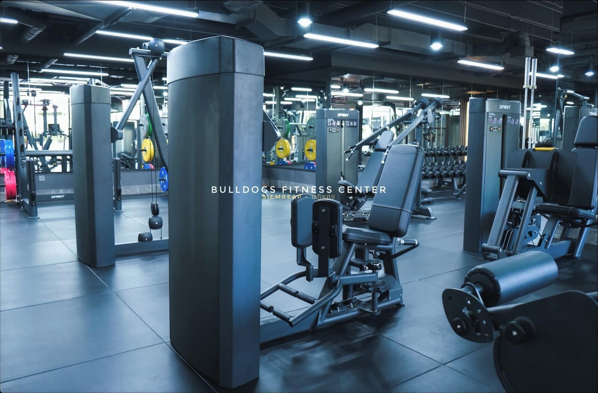 Ett gym med olika typer av träningsutrustning, inklusive styrketräningsmaskiner och lösa vikter, samt en vägg med speglar.