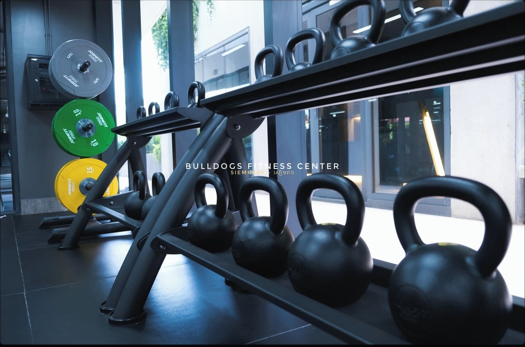Un gimnasio con pesas rusas, discos de pesas y una jaula para sentadillas.