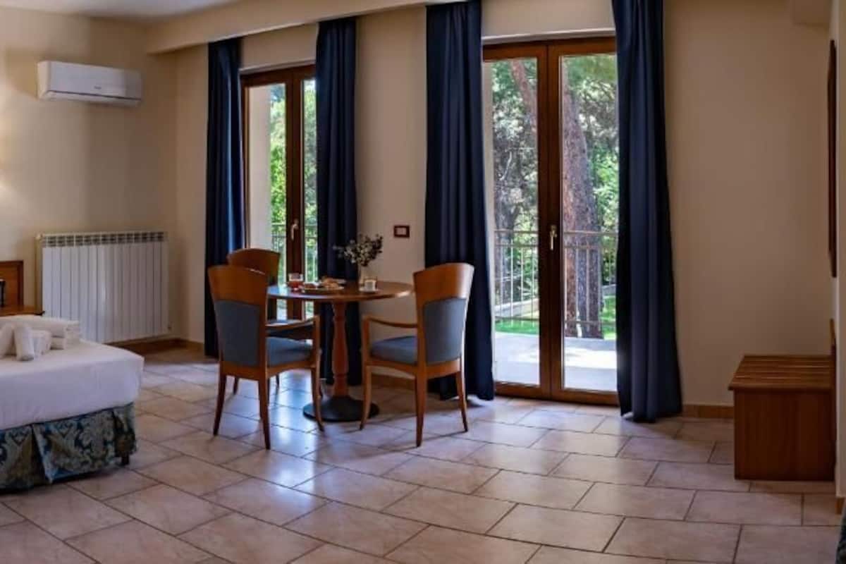Una habitación de hotel con cama, escritorio, dos sillas, una mesa y ventana con cortinas.