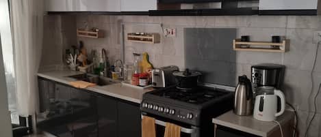 Apartamento | Cocina privada | Frigorífico, microondas, horno y placa de cocina