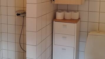 Une salle de bain avec douche, toilettes et meuble de rangement.