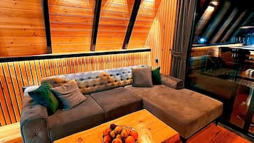 Deluxe bungalow | Woonruimte | Een 45-inch smart-tv met satellietzenders en een open haard