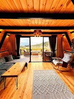 Deluxe Bungalow, Sea View | Living area | 45-inch Smart TV with satellite channels, fireplace, smart speakers